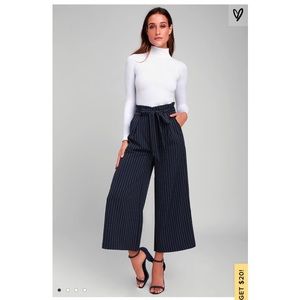 Lulu’s Navy Blue Striped Paper Bag Waist Pants